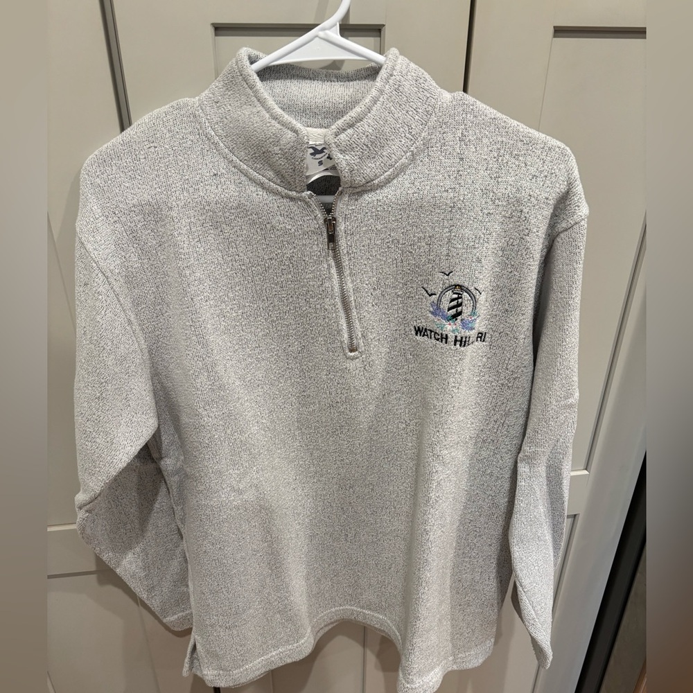 Gray Quarter-Zip Pullover, marled pattern.
